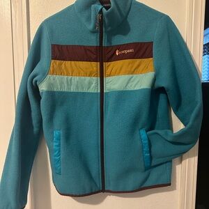 cotopaxi Teal Fleece Jacket with Mustard & Aqua Stripe Accents